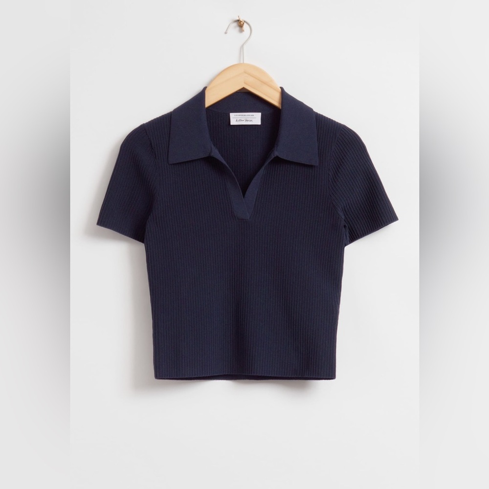 & Other Stories Navy Cropped Open Collar Top
